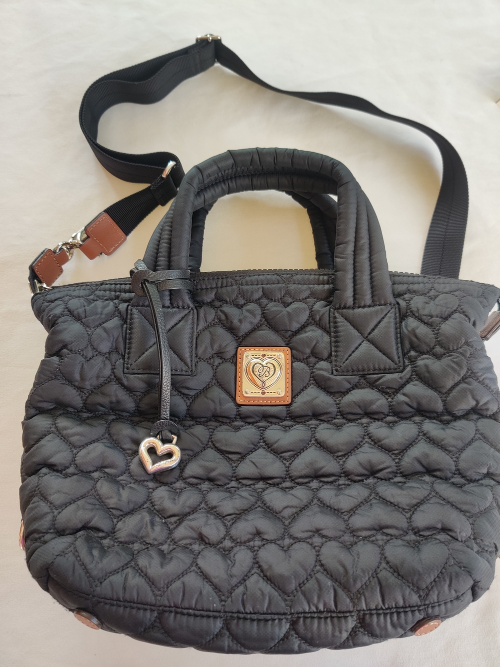 Brighton Quilted Black Heart-Pattern Shoulder Bag And Cosmetic Pouch